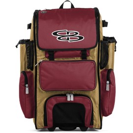 Boombah Rolling Superpack Baseball/Softball Gear Bag - 23-1/2" x 13-1/2" x 9-1/2" - Vegas Gold/Cardinal - Telescopic Handle - Holds 4 Bats - Wheeled Version
