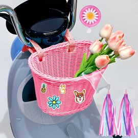 POWZOO Children's Bicycle Basket, Removable Bicycle Basket Made of Rattan with Leather Straps, with Bells and Streamers, Stickers, Bicycle Basket Accessories, Bike Basket Front Kids for Boys Girls