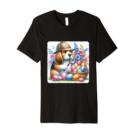 Dog Examines Festive Eggs. Detective Hat Magnifying Glass Premium T-Shirt