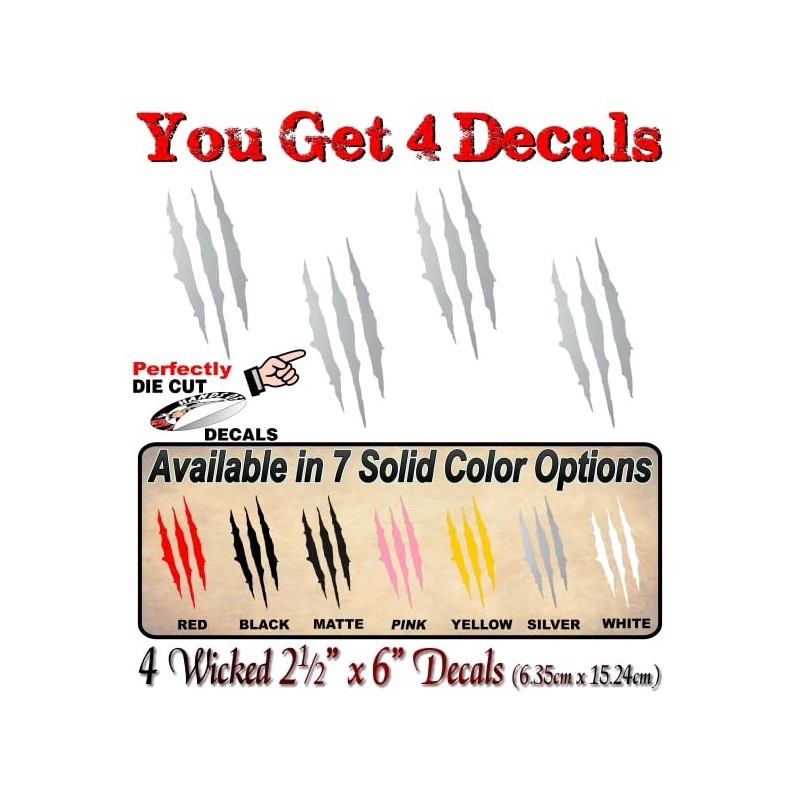 4 Ripped Claw Marks 6'' Solid Silver Vinyl Sticker Decals