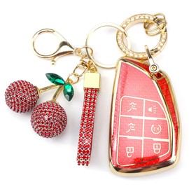 Rayslesan Sparkly Key Fob Cover with Cherry Keychain, Bling TPU Smart Key Case for Women, Compatible with Chevy Suburban Tahoe GMC Yukon GMC Yukon Denali GMC Yukon XL 1500 (6-Button, Gold Red)