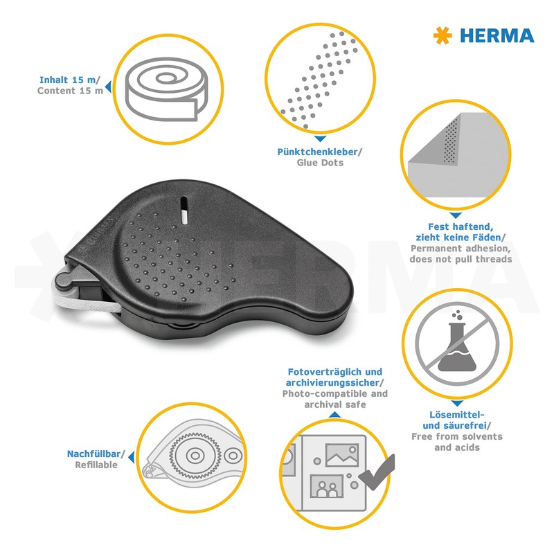 HERMA 1013 Kleberoller doppelseitig nachfüllbar permanent, 15 m, selbstklebender Klebeband