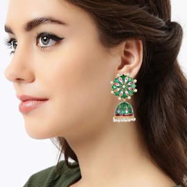 Aheli Enamel Meenakari Handcrafted Kundan Pearl Long Floral Jhumki Jhumka Earrings Gift for Women Indian Traditional Bollywood Jewelry Green