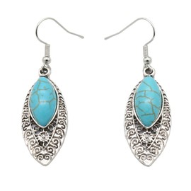 Hook Earrings Inlaid Artificial Turquoise Openwork Carved Drop Dangle Hook Earrings Women (Silver, One size)