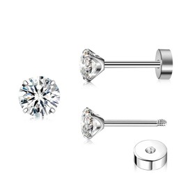 ZDE Titanium Women's Flat Earrings for Women Zirconia Stud Earrings 4 mm Flat Back Earrings Hypoallergenic Cartilage Flatback Earring Tragus Helix Tragus Conch Piercing, Titanium, Cubic Zirconia