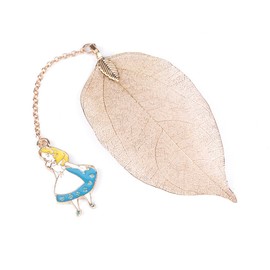 1 UNID Gold Metal Realistic Leaf Bookmark, Diseño de 3 Colgantes, Alicia/Conejo/Reloj (Opcional)(Alicia)