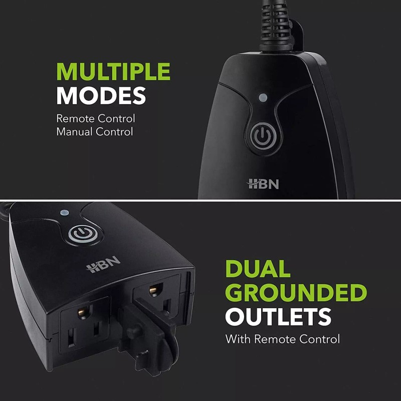 HBN Outdoor Indoor Wireless Remote Control Dual 3-Prong Outlet