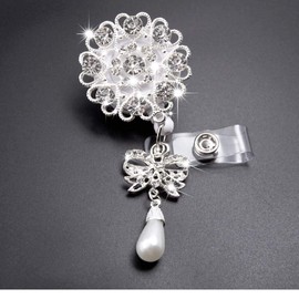 Qinsuee Handmade Bling Rhinestones Retractable Badge Reel, Name Badge Holder with Alligator Swivel ID Badge Clip