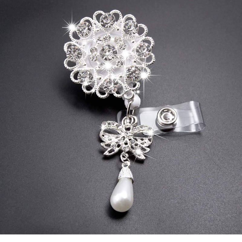 Qinsuee Handmade Bling Rhinestones Retractable Badge Reel, Name Badge Holder