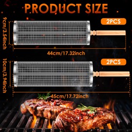 4 PCS Rolling Grill Basket, Nesting Grill Baskets with Wood Handle, Stainless Tube Round Rolling Grill Net Rolling Basket for BBQ Cooking Camping