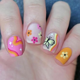 IMRAIN Spring Press on Nails Extra Short Square Fake Nails Glue on Nails Full Cover Acrylic Orange Pink False Nails with Flower & Butterfly Design Nail Art Glossy Cute Squoval Stick on Nails