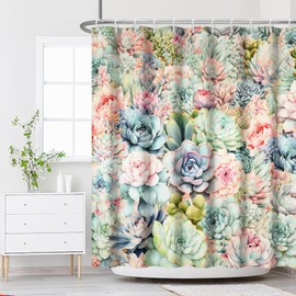 Renaiss 72x72 Inches Succulent Shower Curtain for Bathroom Colorful Cactus Garden Tropical Botanical Plant Green Purples Pink Floral Blossom Bath Curtains Set Waterproof Polyester with Hooks