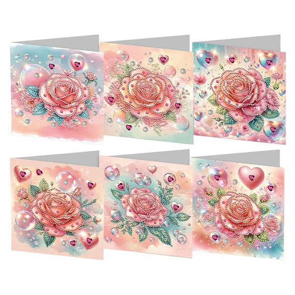2D/Flat 6Pcs Rose Pattern Diamond Mosaic Festival Gift Cards Rinestone