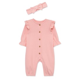 Little Me Simply Essential Solids 100% Organic Clothes for Baby Girls' Pink Jumpsuit and Headband Set, Quartz Pink, 12 Months
