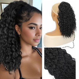 Detean 14 inch Ponytail Extension Drawstring Ponytail for Black Women Short Wavy Curly Ponytails Fluffy Natural Looking Pony Tails Hair Extensions Synthetic Hairpiece (1B, 14 inch)
