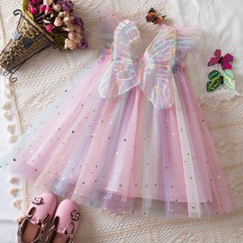 YETANLID Baby Girls Tulle Tutu Dress Toddlers Sequin Rainbow Summer Fly Sleeve Birthday Party Casual Tunic Dress Pink Size 4-5T