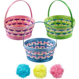 JOYIN 3 Pcs Easter Bamboo Basket with Tricolor Grass Paper Shred, Easter Eggs Wiker Woven Basket with Handle for Picnic, Party Favors, Decorations