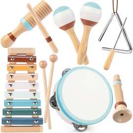Baby Musical Instruments | Montessori Wooden Toys for Toddlers 1-3, Neutral Color Percussion Instruments Set with Modern Boho Xylophone Tambourine, Educational Musical Toys for Boys Girls 3+