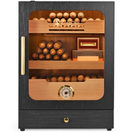 KingChii Cigar Humidor, Light Control System with Spanish Cedar Wood Drawer, Hygrometer, 3 Humidifiers and Cigar Accessories Drawer, for Men, Holds 100 Cigars (Black)