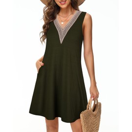 Tanmolo Women's Summer Dress, Short Casual Dress, Lace, V-Neck, Knee-Length, Army Green