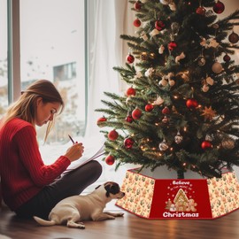 Christmas Tree Collar for Artificial Trees, Gingerbread Man Rustic Country Red Christmas Decoration, Fabric Hexagonal Base Tree Collar Skirt for Xmas Tree Decorations Holiday Party