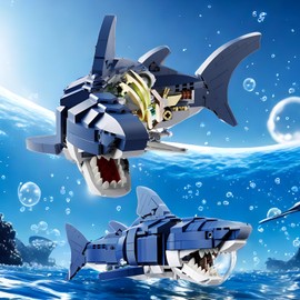 CAXIMSY Shark Building Block Toy, A Shark Toy with a Stand that Can Rotate, A Unique and Creative Gift for Adults or Boys (687+PCS)