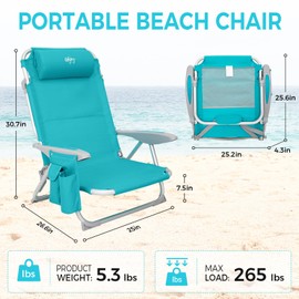 #WEJOY Folding Beach Chair for Adults, 4-Position Aluminum Lightweight Beach Chair, Low Beach Chairs with Shoulder Strap, Cup Holder and Padded Headrest, Supports 265lbs for Beach Lawn, Cyan