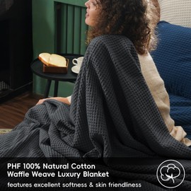 PHF 100% Cotton Waffle Weave Black Blanket California King Size 120"x 120"- Washed Soft Lightweight Breathable Oversize Huge for All Season- Extra Large for Couch Bed Sofa - Aesthetic Decor Gift