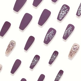 Flower Press on Nails Long Romantic Violet Fake Nails Artificial Coffin Shape False Nails Spring Matte Style Flower Designs Acrylic Nails Elegant Purple Floral Glue on Nails for Women