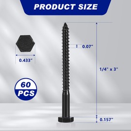 Blulu 60 Pcs 304 Hex Head Lag Screws Stainless Steel Lag Bolts for Wood Plain Finish Hexagon Head Wood Screws(Black, 1/4" x 3")
