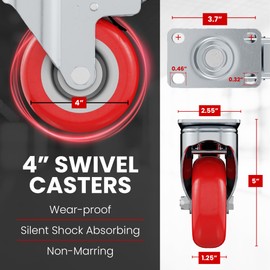 Online Best Service 4 Pack Caster Wheels Swivel Plate On Red Polyurethane Wheels (4 inch with Brake)