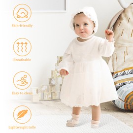 YFNVH 2 Pcs Baby Girls Christening Dress 9-12 Months, Toddler Newborn White Lace Baptism Gown with Hat, Long Sleeve Outfit for Baby Shower, Wedding, Birthday Party