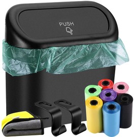 Car Trash Can with Lid, Hanging Mini Vehicle Trash Bin with 105 Car Trash Bags and 2 Car Hooks, Car Dustbin Garbage Organizer, Automotive Garbage Can Bin Trash Container for Auto Cars, Home, Office