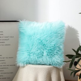 OYIMUA Turquoise 18 x 18 Inches Cushion Covers Pack of 2 Fluffy Soft Faux Fur Square Pillowcases, Luxury Home Decorative Super Soft Plush Pillow Covers Case 45cm x 45cm for Sofa Bed Living Room