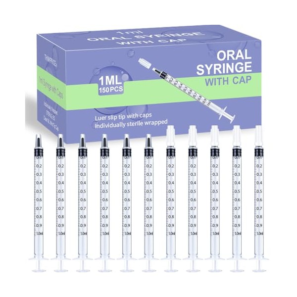 150 Pcs 1ml Syringes with Caps Oral Dispenser Individually Sterile