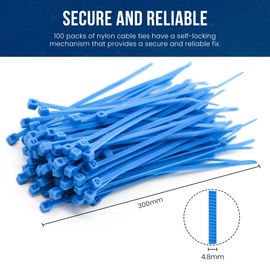 Abacus Range Blue Cable Ties 4.8mm x 300mm, Pack of 100, Secure Self-Locking, 12” Heavy Duty Nylon Zip Ties, High Tensile Strength Premium Plastic Long Cable Tie for Home, Office