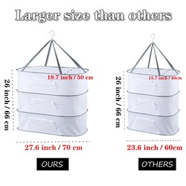 Hanging Drying Net Herb Drying Rack Foldable Fish Mesh Rack Net 19.7"x27.6"x25.5" Large 3 Layer Collapsible Dry Net with Zippers for Drying Fish Plants Vegetables Fruit Herb Flowers Clothes (White)