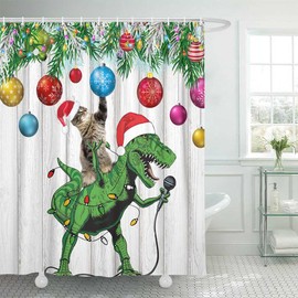 DeeCabin Funny Christmas Shower Curtain, Cute Cute Dinosaur in Santa Hat Singing Merry Christmas for Children Boy and Girl Shower Curtain, Winter Bathroom Decor, 72X72 inch