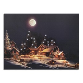 BANBERRY DESIGNS Lighted Canvas Print Features a Snowy Christmas Village Winter Scene - Under a Full Moon - Measures 16" x 12"