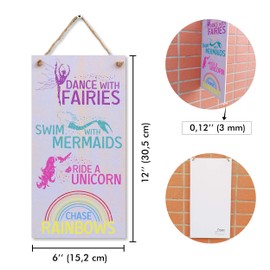 CARISPIBET Dance with Fairies Ride a Unicorn Swim with Mermaids | Home Decor, Signs for Children's Room, Wall Art 12x6''