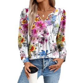 Zeagoo Spring Tops for Women Long Sleeve T Shirts Dressy Business Casual Blouse Henley V-Neck Basic Top 2025 Fall Fashion Floral Tunic Top Colorful