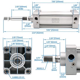 Baomain Pneumatic Air Cylinder SC 63 X 100,PT 3/8, Bore 2 1/2 inch(63mm), Stroke 4 inch(100mm),Dual Action 1 Mpa,for Industrial Machinery
