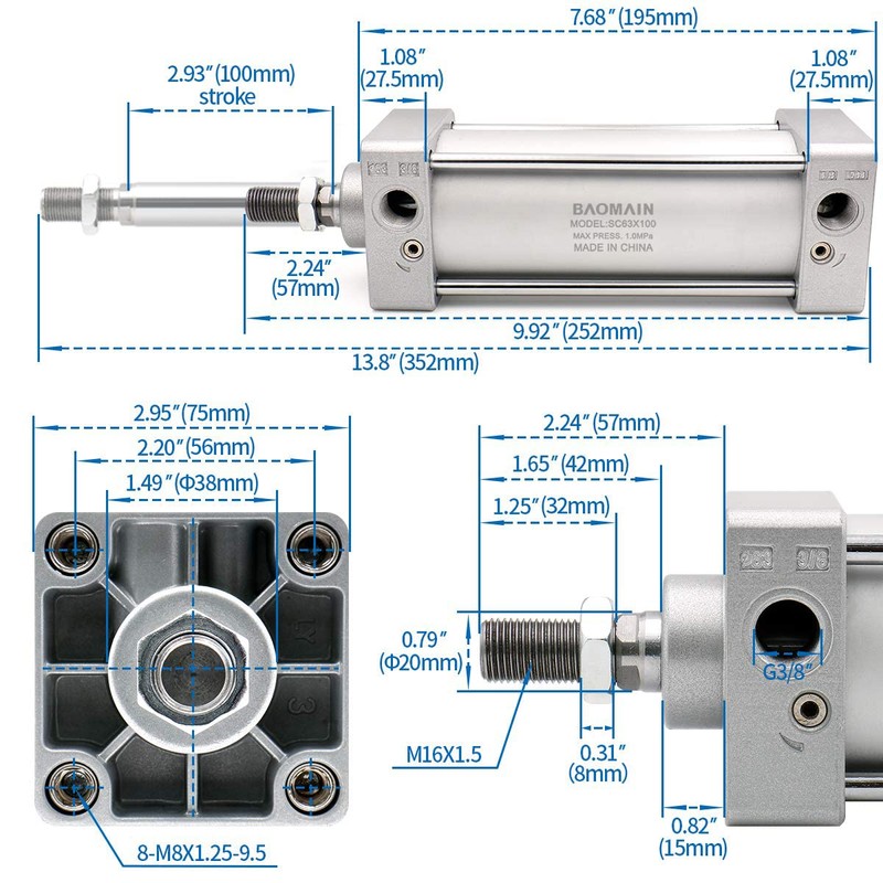 Baomain Pneumatic Air Cylinder SC 63 X 100,PT 3/8, Bore