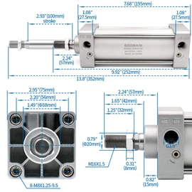 Baomain Pneumatic Air Cylinder SC 63 X 100,PT 3/8, Bore 2 1/2 inch(63mm), Stroke 4 inch(100mm),Dual Action 1 Mpa,for Industrial Machinery