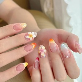 French Tip Press on Nails Short nails press on Almond Fake Nails 3D Flowers Stick on Nails Spring Summer Acrylic Nails Colorful Floral False Nails Full Cover Glue on Nails for Women DIY Manicure 24Pcs