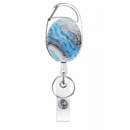 Retractable Badge Holder, Cute Print Pattern Belt Clip Badge Reel with Keychain, Name Tag Work Vertical Id Card Protector for Nurse Medical Teacher Student (Blue Marble)