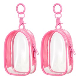 sourcing map 2 Pcs 3.94x2.36 Inch Clear Figure Display Bag with Keychain, PVC Portable Small Dolls Storage Bag, Zipper Closure Carrying Display Case Pouch for Collectibles (Cabin Bright Pink)