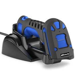 Alacrity Upgraded 2D Industrial Barcode Scanner with Wireless Charging Stand, 1968 Feet Transmission Distance 433Mhz Wireless & Bluetooth 2in1 Barcode Reader, Shock Dust Proof Hands Free, Blue