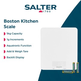 Salter Boston Kitchen Scale - 5kg Capacity, Add & Weigh Tare Function, Aquatronic, Easy Read Backlit Display, Batch Meal Prep Cooking/Baking, 1g Increments, Slim Design, ml/fl.oz/lb, Ice White Shimmer