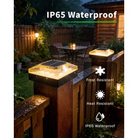 ROMANJOY 4x4 Post Solar Lights, 3 Colors Fence Light Solar Powered, 2 Brightness Solar Post Cap Lights Waterproof for Wood/Vinyl Posts, Garden, Patio, Deck, Hammered Light, 4 Pack